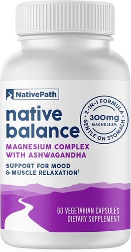 [BRSROAI7A4JREH3L] NativePath Native Balance Magnesium Supplement with Ashwagandha - High Absorption Aquamin Ocean-Sourced Formula - 60 Capsules