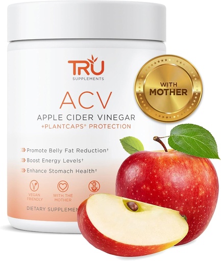 [BRSWGFQ7C56Q4HLJ] TRU Supplements ACV, Apple Cider Vinegar, Organic ACV with The Mother, Improves Digestion and Skin Health, 45 Servings, 1000mg