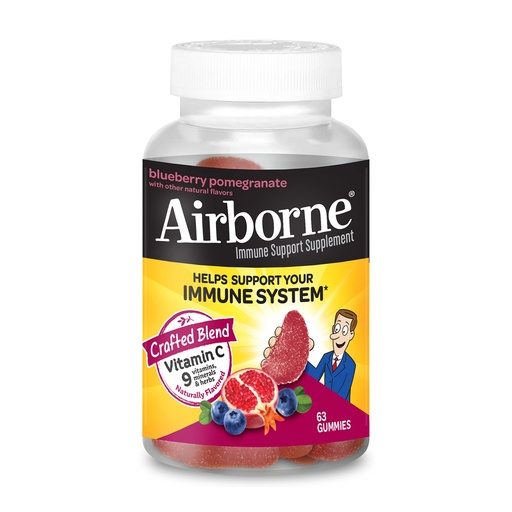 [BRSWYBD4A4IRQEI7] Airborne 750mg Vitamin C Gummies for Adults, Immune Support Supplement with Powerful Antioxidants Vitamins A C & E - 63 Gummies, Blueberry Pomegranate Flavor