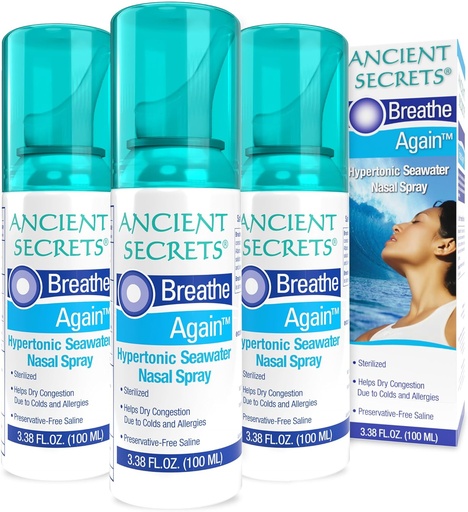 [BRSWIZLRBIORA2AZ] ANCIENT SECRETS Saline Nasal Spray - Breath Again Hypertonic Seawater Nasal Spray, Allergy & Sinusリリーフ, 鼻の混雑保湿剤, 3.38 Fl Oz (パック 3)