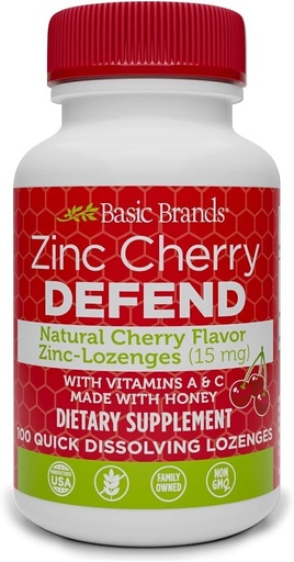 [BRSWYHQYDEMA2GY6] Basic Brands – Zinc Cherry Defend - 100 Lozenges - Natural Cherry Flavor Zinc–Lozenges - Immune Boost, Cold Relief, Non-GMO, Zinc Acetate & Vitamin C - 2-Pack