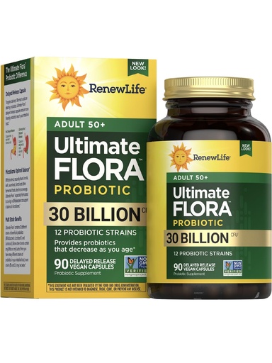 [BRSWIFAZBUJROA3Y] Renew Life Probiotic Adult 50 Plus Probiotic Capsules, Daily Supplement Supports Urinary, Digestive and Immune Health, L. Rhamnosus GG, Dairy, Soy and gluten-free, 30 Billion CFU, 90 Count