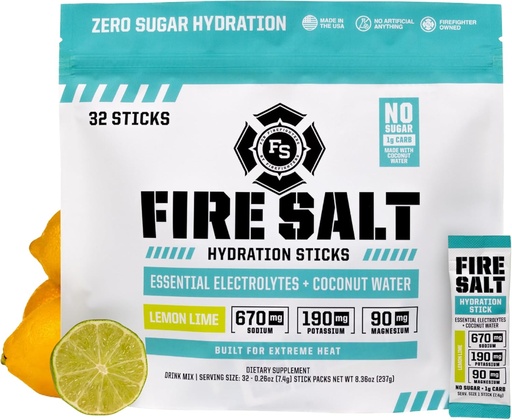 [BRSRAAYEOF5WEC3B] Fire Science Fire Salt Hydration Sticks, Electrolytes & Coconut Water, Hydration Drink Mix Magnesium, Potassium & Sodium, Zero Sugar, zerbitzatu bakarra Go Packs, Lemon Lime Flavor, 32 Count