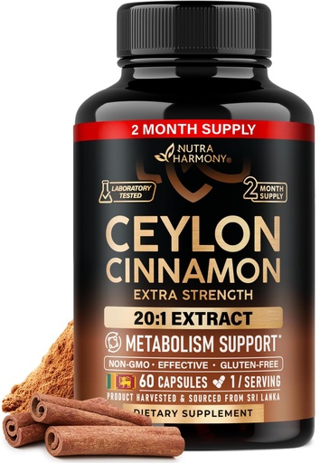 [BRSROCY5OQIRGD35] Ceylon Cinnamon Capsules - Extra Strength - Energy Heart & Metabolism Support for Men & Women - Pure Natural Cinnamon 20:1 Extract Supplement - GMO & Gluten Free - Lab Tested - 60 Capsules 2 Month