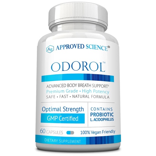 [BRSWGYIYOAMWK3Q6] Approved Science Odorol - 60 Capsules - Freshen Bad Breath and Body Odor - Contains L.acidophilus, Green Tea, Magnolia Bark, Peppermint Oil, and Fennel - All Natural, Vegan Friendly, Non-GMO