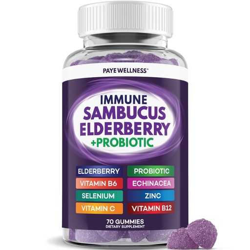 [BRSRAYYBBF7AYF33] PAYÉ Elderberry Gummies, Vitamin C Immune Support Supplement + Probiotic Gut Health - Sambucus, Echinacea, Vitamin B, Zinc, Selenium, 70 Gummies for Adults and Kids