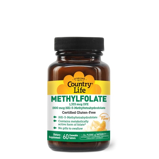 [BRSWIHAQOZ4BACLU] Country Life Methylfolate Chewable Tablets - Metabolically Active Folate - Great Tasting Orange Flavor - Gluten-Free - Smooth Melts - Vegan B12 - Women's Vitamins - Daily Supplement - 60 Tablets
