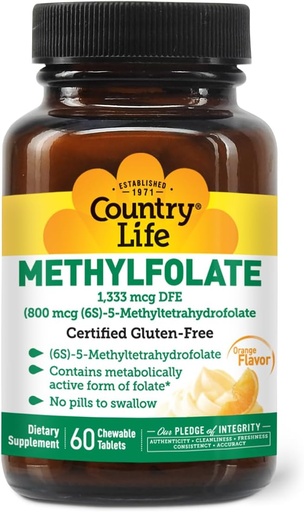 [BRSWIHAQOZ4BACLU] Country Life Methylfolate Kautabletten - Metabolisch aktive Folate - Great Tasting Orange Flavor - Glutenfrei - Glatte Melts - Vegan B12 - Frauen Vitamine - Tägliche Ergänzung - 60 Tabletten