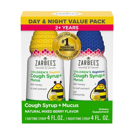 [BRSW2CDQDIFRAH3H] Zarbee's Children’s Honey Cough Syrup + Mucus Day & Night Value Pack, Daytime & Nighttime Toddler Cough Syrup, Dark Honey, Ivy Leaf Extract, Chamomile, Mixed Berry Flavor, 2X 4 Fl Oz