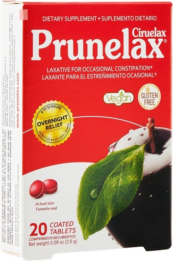 [BRSWG2YZOF6WEETU] Prunelax Ciruelax Regulaarne tugevus Laksatiivsed Mini tabletid - Üleööline leevendus juhusliku kõhukinnisuse korral, Senna ekstrakt, Vegan & Gluteenivaba, õrn leevendus - 20ct