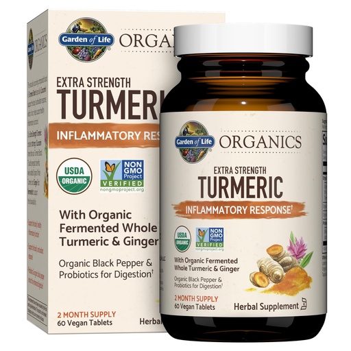 [BRSWGFL3B4FQK2DK] Garden of Life Organics Extra Strength Turmeric Inflammatory Response 60 Tablets-100mg Curcumin (95% Curcuminoids) Black Pepper, Probiotics, Organic Non-GMO Vegan Gluten Free Herbal Supplement