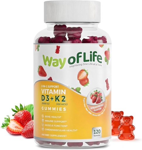 [BRSRAZIZBF6WEYDZ] Vitamin D3 5000 IU (125 mcg) + K2 (MK-7) 100 mcg Sugar-Free Gummies, Strawberry - 120 count, Bone and Heart Health for Adults, Muscle Funtion, Pectin, Tasty, Chewy, Non-GMO, Gluten-Free, Gelatin-Free