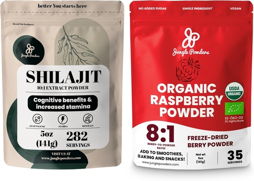[BRSROCA2DIGQM336] Jungle Powders Superfood Bundle: 5oz Raw Shilajit & 5oz Organic Raspberry Powder Combo - Men's Energy Support, Immune Boost, USDA Certified Freeze-Dried Red Raspberries for Baking, Smoothies
