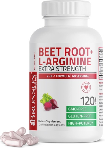 [BRSRMGD6AUJRAALD] Bronson Beet Root + L-Arginine Nitric oksigen istehsal-GMO, 120 Vegetarian Capsules