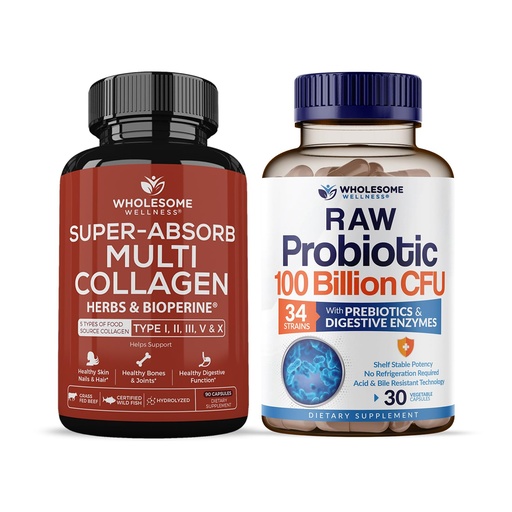[BRSRAYAYDN7GEFA2] Wholesome Wellness Super-Absorb Multi Collagen Pills (Type I II III V X) Organic Herbs and Bioperine + Organic Probiotics 100 Billion CFU, Dr Formulated Probiotics for Women, Men & Adults Bundle
