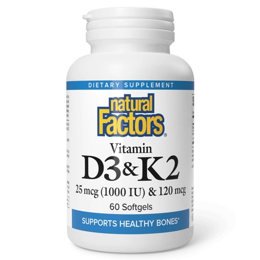 [BRSWIYYNOF4G2FD2] Natural Factors, Vitamin D3 & K2 1000 IU and 120 mcg, Supports Bone and Vascular Health, 60 Softgels
