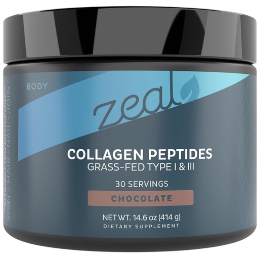 [BRSRAEIFAEFQGFDD] Zeal Naturals Hydrolyzed Collagen Peptides Powder, 10g Protein | Grass-Fed Collagen for Women & Men | Essential Amino Acids | Hair, Skin, Nails, Bone Health | 30 Servings, Pure Chocolate