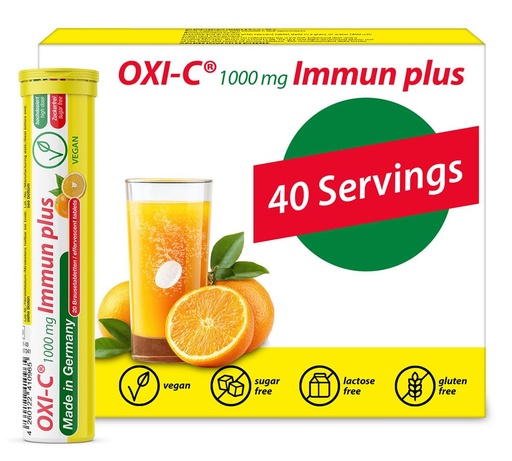 [BRSWYAQCCQCGE333] T&D Oxi C 1000 mg Vitamin C - 40 Vegan Drink Effervescent Tablets - Orange Flavor - Made in Germany