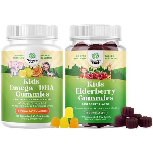 [BRSRAZD2PMBRUE3Z] Bundle of Omega DHA Gummies for Kids - Fatty Acids Omega 3 6 9 with Vitamin C for Brain, Immunity & Vision and Sambucus Elderberry Gummies for Kids Health with Zinc & Vitamin C for Immune Support