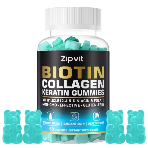 [BRSRAZI5AUNR4GQU] zipvit Biotin Collagen Gummies – Hair Skin and Nails Vitamins for Women & Men – Hair Growth Vitamins: B1, B2, B3, B6, B7, Collagen, Keratin, Vitamin A & D – Hair Growth Supplement – 60 Gummy Bears