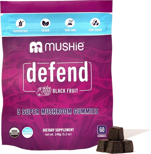 [BRSRA2YQC4NBUALG] Mushie 100% Organic 5 Super Mushroom Complex Gummies - 2000mg Reishi, Turkey Tail, Maitake, Chaga & Shiitake Blend - Gut Health & Immune Support with Vitamin D - Vegan, Gluten-Free - 60 Count