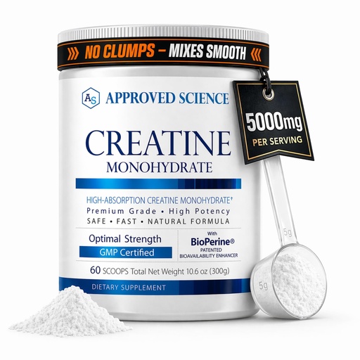 [BRSRMZY5CEMRM3T2] Approved Science Creatine Monohydrate Powder – with BioPerine – Supports Strength, Lean Muscle & Recovery – 5 g Per Serving – Unflavored Creatine Powder – Non-GMO, Vegan – 60 Servings