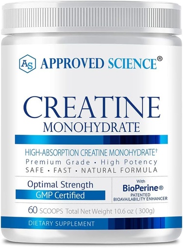 [BRSRMZY5CEMRM3T2] Polvo de Monohidrato de Creatina aprobado con BioPerine - Apoyos Crecimiento y Recuperación del Musculo Leano - 60 Serviciones - 5g Por Servir - Desarrollado - No GMO, Vegan