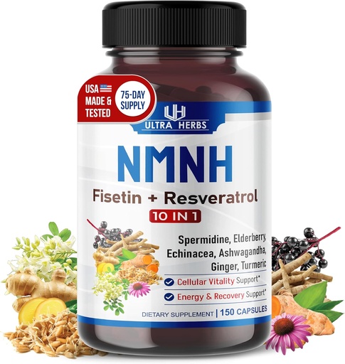 [BRSRMFACCIDQEAL7] Ultra Herbs NMNH 10-in-1 – Fisetin, Resveratrol, Spermidine, Elderberry, Ashwagandha, Echinacea, Ginger, Turmeric – Healthy Aging & Vitality Support – 150 Capsules – Made in USA
