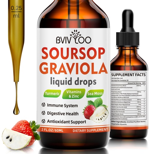 [BRSRAGAYAUBBGDY7] Soursop Graviola Liquid Drops for Cell Support & Regeneration, Immune Boost, Relax, Liver and Sleep, Soursop Bitters Liquid, Sugar/Gluten Free, Natural Strawberries Flavor - 2 Fl Oz (60ml) Bottle