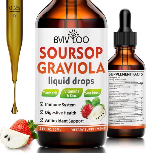 [BRSRAGAYAUBBGDY7] Soursop Graviola Liquid Drops for Cell Support & Regeneration, Immune Boost, Relax, Liver and Sleep, Soursop Bitters Liquid, Sugar/Gluten Free, Natural Strawberries Flavor - 2 Fl Oz (60ml) Bottle