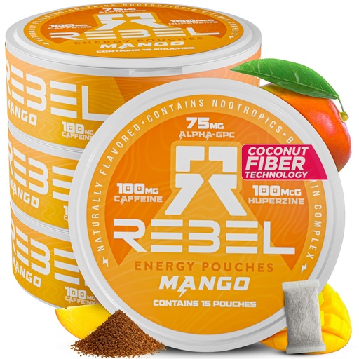 [BRSRAHT2AUBQMCQ4] Rebel Nootropic Energy Caffeine Pouches (Mango) • 100mg Caffeine • Alpha GPC • Huperzine A & Essential Vitamins • Sugar-Free • Coconut Fiber Technology • 15 Pouches Per Can (Pack of 4)