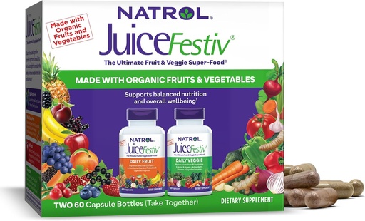 [BRSWIYANCRYAYFDI] Natrol JuiceFestiv, The Ultimate Fruit and Veggie Super-Food to Support Balanced Nutrition and Overall Well-Being, Plus Antioxidants for Cellular Health, 60 Capsules (2-Count), Up to a 30 Day Supply