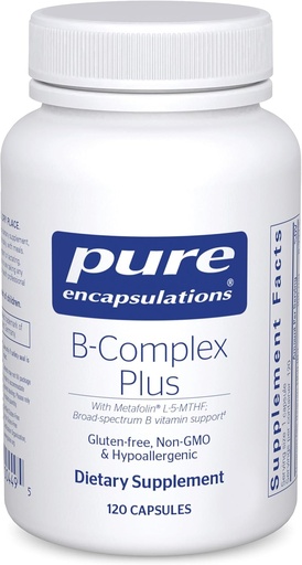[BRSWIGAQAUDWEHLY] Encapsulacións puras B-complex Plus - Suplemento de vitaminas B para apoiar a saúde neurolóxica, saúde cardiovascular, niveis de enerxía e soporte do sistema nervioso* - con vitamina B12 e máis - 120 cápsulas.
