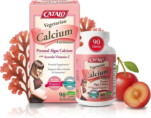 [BRSWGGL3CMPBG2TB] CATALO Vegetarian Calcium Supplements for Women - Plant-Based Red Algae Calcium with Magnesium & Vitamin C for Enhanced Absorption - 90 Tablets