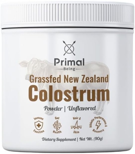 [BRSROAITAEFW2C3J] Primal being Grassfed Beef Colostrum - Destekler Immune Function, Gut Health, Hair, Anti-Aging, Athletic Performance, Recovery - 90 Grams unflavored Toz, 3000 mg per Service