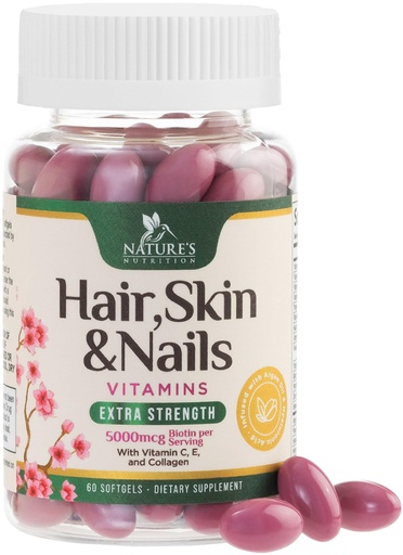[BRSROAARDINB4FD4] Hair, Skin & Nails Vitamins - Biotin 5000mcg Per Serving - Extra Strength Hair Growth Support For Women with Collagen, Argan Oil - Beautiful Skin, Hair & Nails Supplement - USA Bottled - 60 Softgels