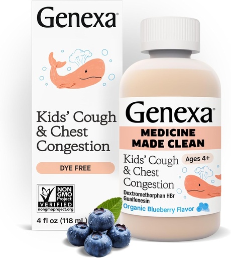 [BRSWYHD4BMNWOELP] Genexa Kids' Clean Cough & Chest Congestion Medisin, Dye Gratis, 0% Kunstige Additiver, Multi-Simptom Cough Syrup for barn 4-11, Cough Supresant & Forventning, Organic Blueberry Flavor, 4 fl oz