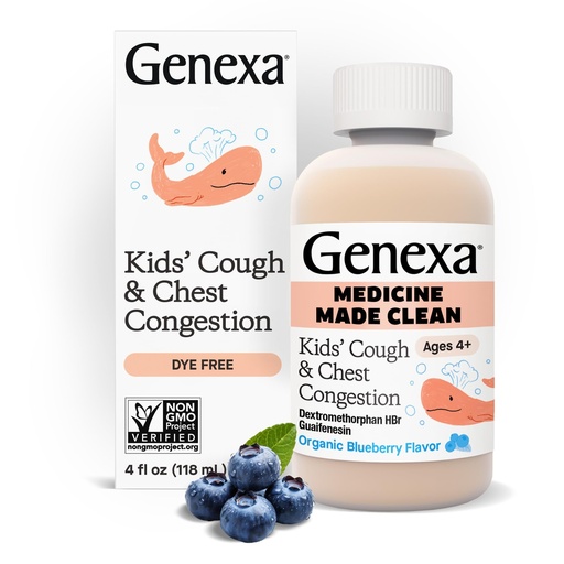 [BRSWYHD4BMNWOELP] Genexa Kids’ Clean Cough & Chest Congestion Medicine, Dye Free, 0% Artificial Additives, Multi-Symptom Cough Syrup for Kids 4-11, Cough Suppressant & Expectorant, Organic Blueberry Flavor, 4 fl oz