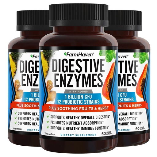 [BRSRMFABBYIGGA3V] FarmHaven Digestive Enzymes with 18 Probiotics & Herbs | Papaya, Bromelain, Protease & More for Lactose Absorption & Better Digestion | Helps Bloating, Gas, Constipation | Vegetarian, 180 Capsules