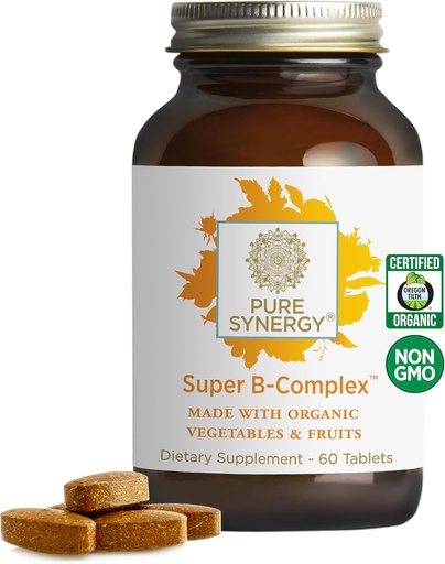 [BRSWI2QBAUPWGE36] PURE SYNERGY Super B-Complex | Vitamin B-komplex tillverkad med organiska hela livsmedel | Vegantillskott med naturlig vitamin B12, Niacin och folat | för energi, fokus och humörstöd (60 tabletter)