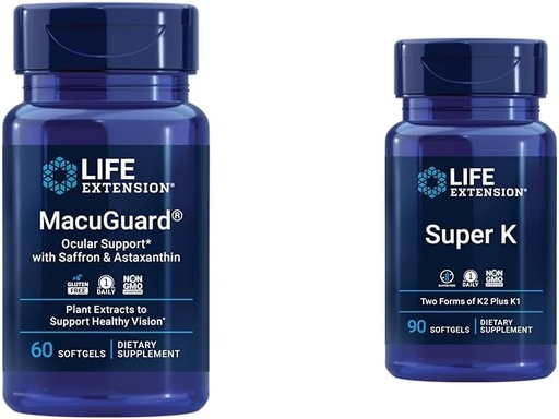 [BRSRAYYZDMPQKCDZ] Extensión de vida Macuguard Eye Health Supplement con Lutein, Meso-Zeaxanthin, Saffron & Astaxanthin - 60 Conde e Super K Vitamina K1 K2 MK-7 MK-4 Vitamina C - 90 Softgels