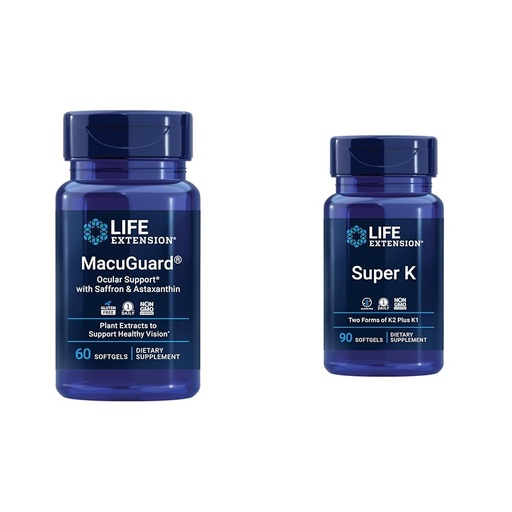[BRSRAYYZDMPQKCDZ] Life Extension Macuguard Eye Health Supplement with Lutein, Meso-Zeaxanthin, Saffron & Astaxanthin - 60 Count and Super K Vitamin K1 K2 MK-7 MK-4 Vitamin C - 90 Softgels