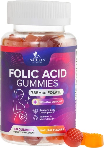 [BRSWGBL6BUBRYEYU] Folic Acid Gummies for Women - Folate 785 mcg Per Serving - Essential Prenatal Vitamins for Mom & Baby, Vegan Folic Supplement Gummy, Daily B9 Vitamin, Before During After Pregnancy - 60 Gummies