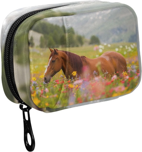 [BRSRABTYOB5Q42DH] Fustylead Long Mane Horse in Colorful Flower Field Pill Organizer Caso con Zipper 2 veces ao día para a vitamina eo suplemento, 7 Day Travel Organizer Medicine Case
