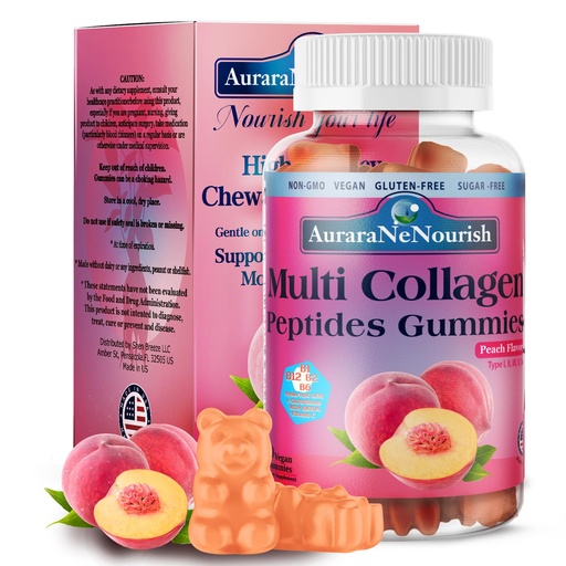 [BRSRAEL4OV6WEFLO] Multi Collagen Peptides Gummies, Sugar Free Hydrolyzed 5000mg Protein丨Type I,II,III,V,X with Biotin Hyaluronic Acid Vitamin C A D B6 B12 L-Glutathione for Skin Hair Nail Joint Bone -Peach Gummies