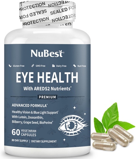 [BRSRAFQ5AUBQGFL5] NuBest AREDS 2 Eye Vitamins with Beta Carotene Carrot Powder, 20mg Lutein, 4mg Zeaxanthin, Bilberry, Grape Seed, BioPerine, B-Complex, Multivitamin for Eye Health | 1 Month Supply