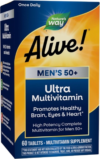 [BRSWIYI4AYAWGHL4] Nature's Way Alive! Men’s 50+ Daily Ultra Multivitamin, High Potency Formula, Supports Healthy Brain, Eyes & Heart*, with Methylated B12, Gluten-Free, 60 Tablets (Packaging May Vary)