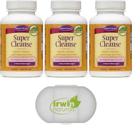 [BRSWYAQKOZ6RG3LA] Nature's Secret Super Cleanse Extra Strength Toxin Detox & Gentle Elimination Total Body Cleanse, Digestive & Colon Health Support, 3 Packs of 100 Tablets, with a Pill Case