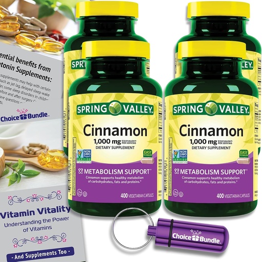 [BRSROAAFDEHQM3A2] Choice Bundle Spring Valley Cinnamon Dietary Supplement 1000mg 400 ct Vegetarian Capsules 4 pk (1600 Total) + “Vitamin Vitality” Guide & Pill Container (6 Items)!