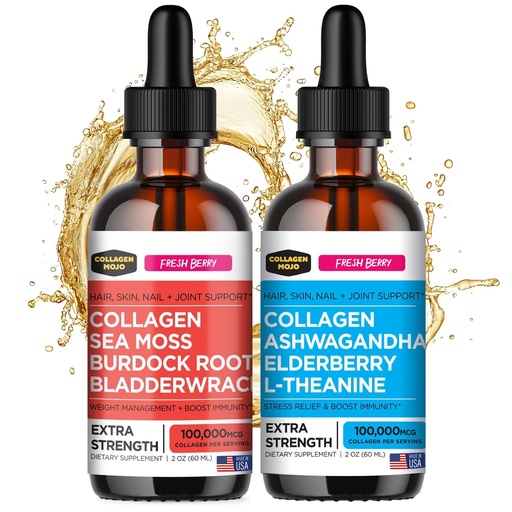 [BRSRO2YOPJYRA2Q6] Collagen Mojo Liquid Collagen Peptides with Sea Moss, Burdock Root & Bladderwrack + Liquid Collagen Peptides with Ashwagandha, Elderberry & L-Theanine